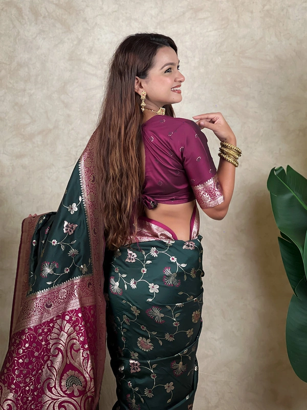 Premium Banarasi Soft Silk Saree with Rose Gold Meenakari Jaal Weave - FREE, BOTTLEGREEN