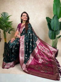 Premium Banarasi Soft Silk Saree with Rose Gold Meenakari Jaal Weave - FREE, BOTTLEGREEN