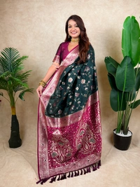 Premium Banarasi Soft Silk Saree with Rose Gold Meenakari Jaal Weave - FREE, BOTTLEGREEN