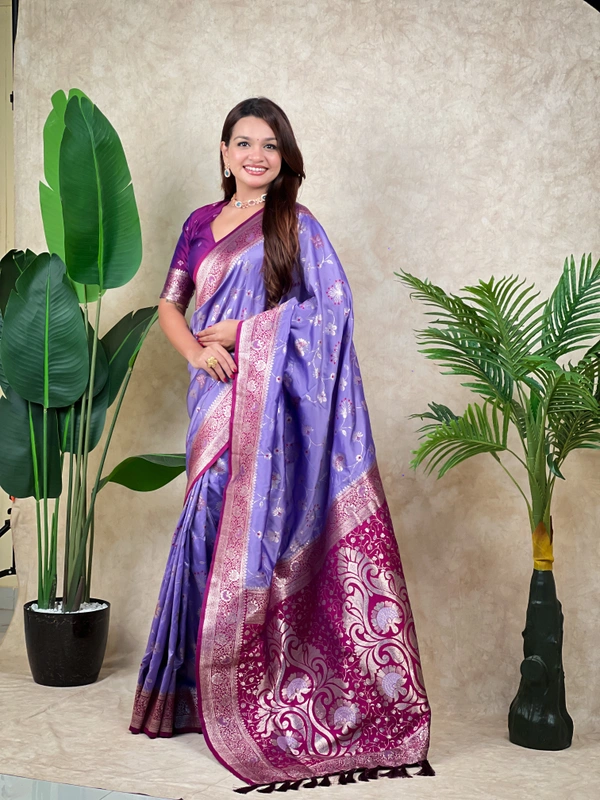 Premium Banarasi Soft Silk Saree with Rose Gold Meenakari Jaal Weave