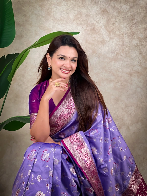 Premium Banarasi Soft Silk Saree with Rose Gold Meenakari Jaal Weave - FREE, LAVENDER