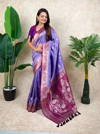 Premium Banarasi Soft Silk Saree with Rose Gold Meenakari Jaal Weave - FREE, LAVENDER
