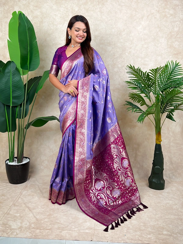 Premium Banarasi Soft Silk Saree with Rose Gold Meenakari Jaal Weave - FREE, LAVENDER