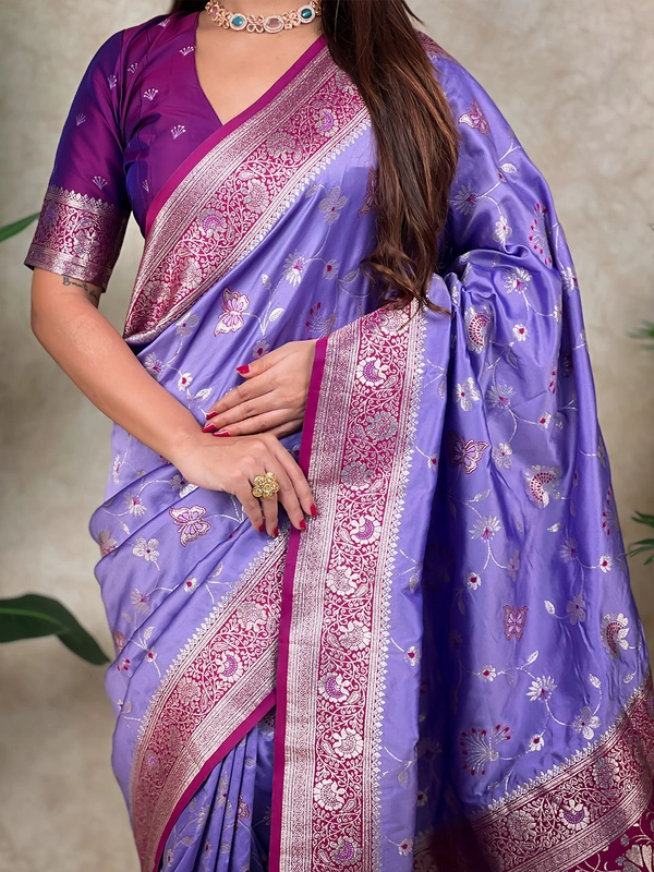Premium Banarasi Soft Silk Saree with Rose Gold Meenakari Jaal Weave - FREE, LAVENDER