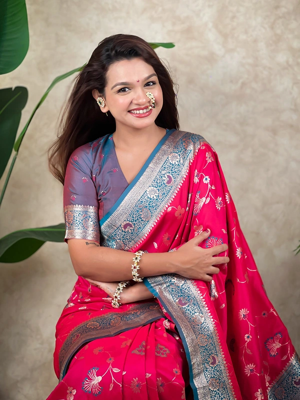 Premium Banarasi Soft Silk Saree with Rose Gold Meenakari Jaal Weave - FREE, PINK