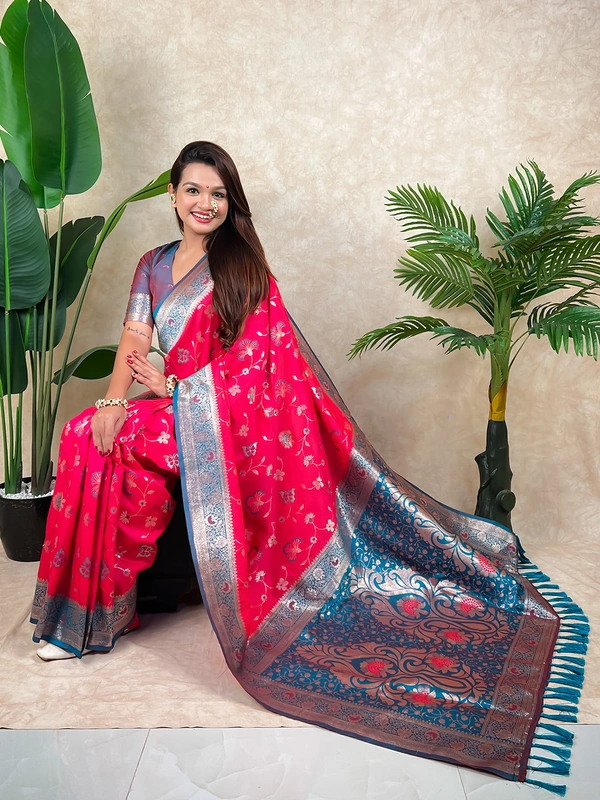 Premium Banarasi Soft Silk Saree with Rose Gold Meenakari Jaal Weave - FREE, PINK