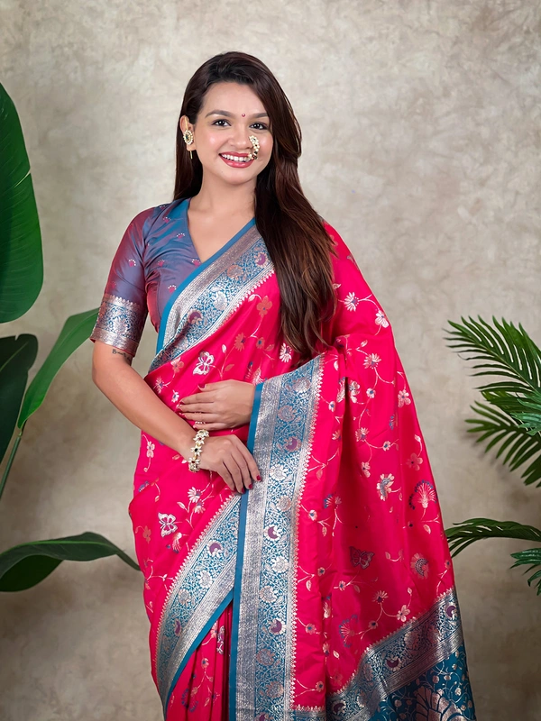 Premium Banarasi Soft Silk Saree with Rose Gold Meenakari Jaal Weave - FREE, PINK