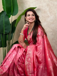 Premium Banarasi Soft Silk Saree with Rose Gold Meenakari Jaal Weave - FREE, BABYPINK
