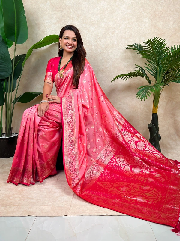 Premium Banarasi Soft Silk Saree with Rose Gold Meenakari Jaal Weave - FREE, BABYPINK