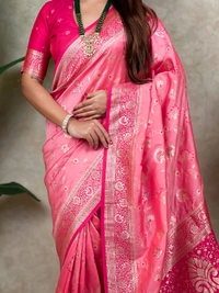 Premium Banarasi Soft Silk Saree with Rose Gold Meenakari Jaal Weave - FREE, BABYPINK