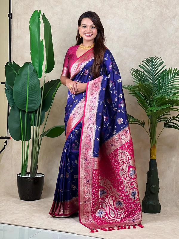 Premium Banarasi Soft Silk Saree with Rose Gold Meenakari Jaal Weave