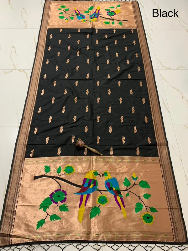 Premium Black Soft Silk Paithani Dupatta with Authentic Weaving Gold Tissue Border - 2.5mt, Black