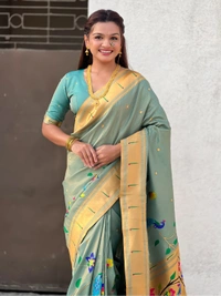 Premium Collection: Original Tissue Silk Paithani with Traditional Meenakari Pallu - FREE, RAMA