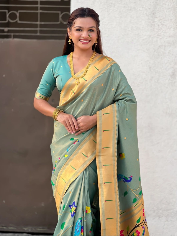 Premium Collection: Original Tissue Silk Paithani with Traditional Meenakari Pallu - FREE, RAMA