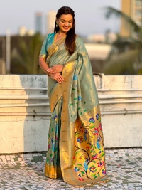 Premium Collection: Original Tissue Silk Paithani with Traditional Meenakari Pallu - FREE, RAMA