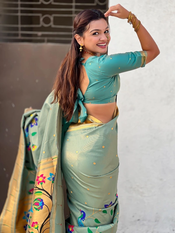 Premium Collection: Original Tissue Silk Paithani with Traditional Meenakari Pallu - FREE, RAMA