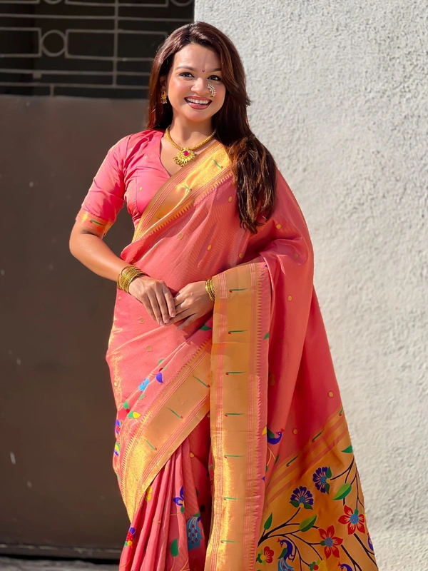 Premium Collection: Original Tissue Silk Paithani with Traditional Meenakari Pallu - FREE, PINK