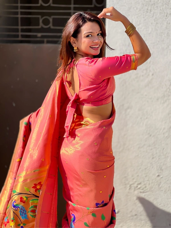 Premium Collection: Original Tissue Silk Paithani with Traditional Meenakari Pallu - FREE, PINK