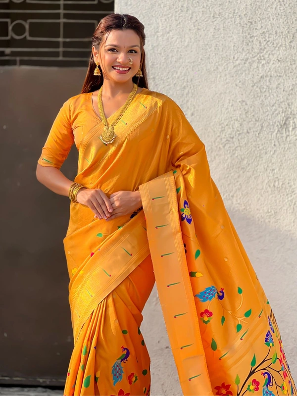 Premium Collection: Original Tissue Silk Paithani with Traditional Meenakari Pallu - FREE, MUSTARD