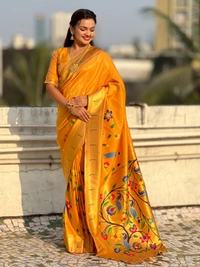 Premium Collection: Original Tissue Silk Paithani with Traditional Meenakari Pallu - FREE, MUSTARD