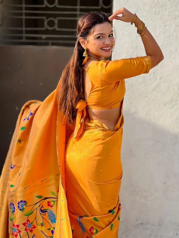 Premium Collection: Original Tissue Silk Paithani with Traditional Meenakari Pallu - FREE, MUSTARD