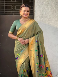 Premium Collection: Original Tissue Silk Paithani with Traditional Meenakari Pallu - FREE, GREEN
