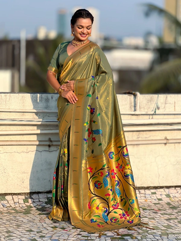 Premium Collection: Original Tissue Silk Paithani with Traditional Meenakari Pallu - FREE, GREEN