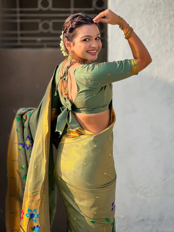 Premium Collection: Original Tissue Silk Paithani with Traditional Meenakari Pallu - FREE, GREEN