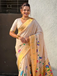 Premium Collection: Original Tissue Silk Paithani with Traditional Meenakari Pallu - FREE, WHITE