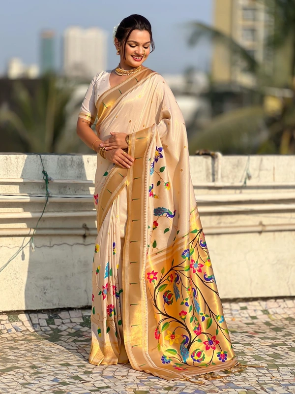 Premium Collection: Original Tissue Silk Paithani with Traditional Meenakari Pallu - FREE, WHITE