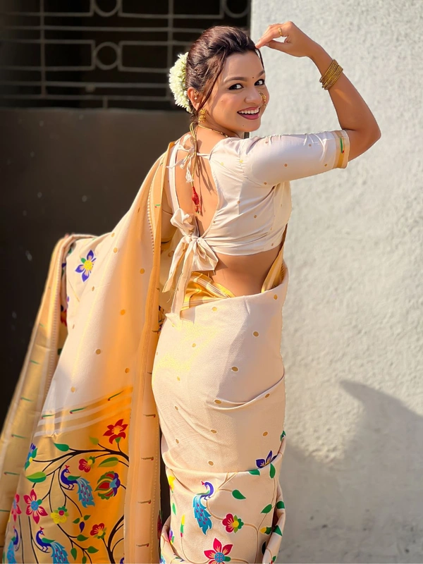 Premium Collection: Original Tissue Silk Paithani with Traditional Meenakari Pallu - FREE, WHITE