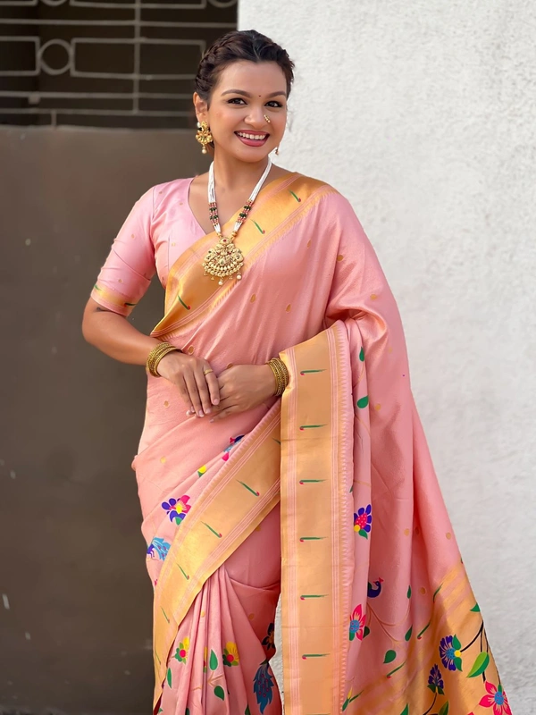 Premium Collection: Original Tissue Silk Paithani with Traditional Meenakari Pallu - FREE, BABY PINK