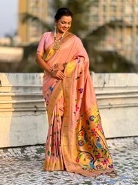 Premium Collection: Original Tissue Silk Paithani with Traditional Meenakari Pallu - FREE, BABY PINK