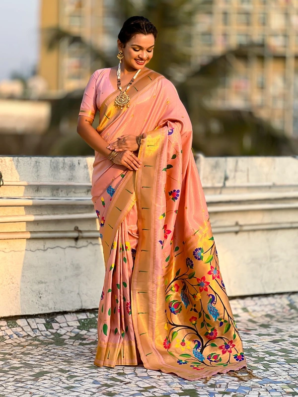 Premium Collection: Original Tissue Silk Paithani with Traditional Meenakari Pallu - FREE, BABY PINK