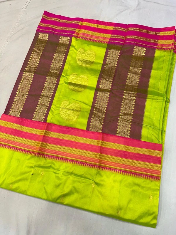 Premium Heritage Narayanpeth Saree in Pure Handloom Silk - Free, Parrot Green