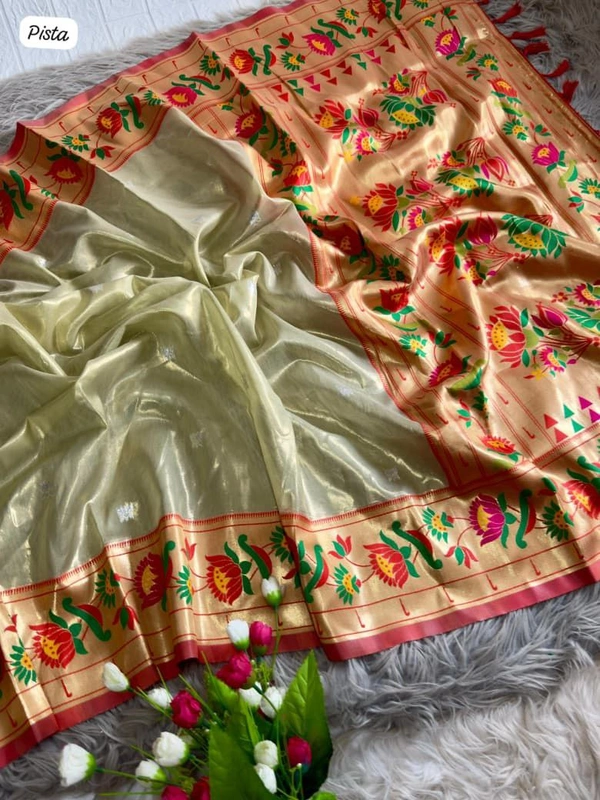 PAITHANI_HOUSE209 "Premium Lotus Tissue Silk Organza Saree with Meena & Lotus Border � Party Wear Saree" - PISTA