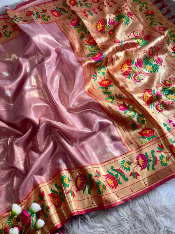 PAITHANI_HOUSE209 "Premium Lotus Tissue Silk Organza Saree with Meena & Lotus Border � Party Wear Saree" - PISTA