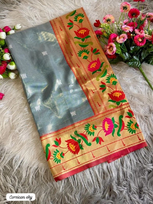 PAITHANI_HOUSE210 "Premium Lotus Tissue Silk Organza Saree with Meena & Lotus Border � Party Wear Saree" - SKY