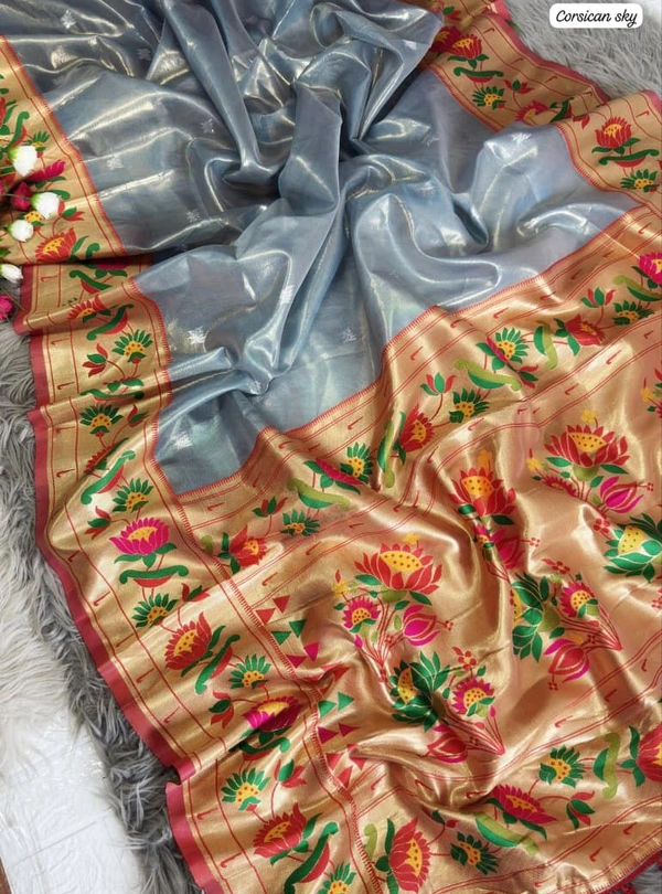 PAITHANI_HOUSE210 "Premium Lotus Tissue Silk Organza Saree with Meena & Lotus Border � Party Wear Saree" - SKY