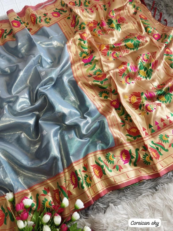 PAITHANI_HOUSE210 "Premium Lotus Tissue Silk Organza Saree with Meena & Lotus Border � Party Wear Saree" - SKY