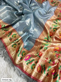 PAITHANI_HOUSE210 "Premium Lotus Tissue Silk Organza Saree with Meena & Lotus Border � Party Wear Saree" - SKY