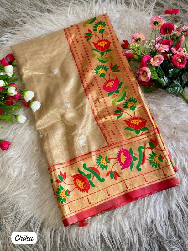 PAITHANI_HOUSE211 "Premium Lotus Tissue Silk Organza Saree with Meena & Lotus Border � Party Wear Saree" - CHIKU