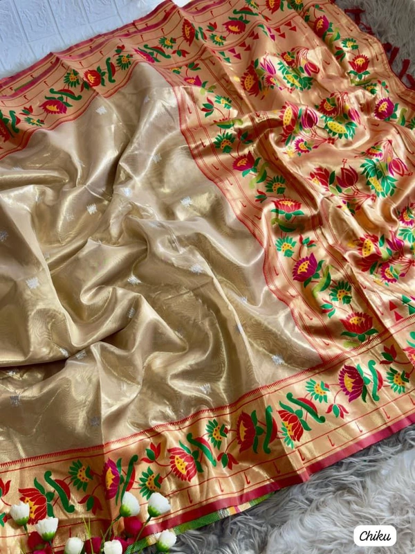 PAITHANI_HOUSE211 "Premium Lotus Tissue Silk Organza Saree with Meena & Lotus Border � Party Wear Saree" - CHIKU
