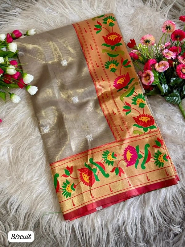 PAITHANI_HOUSE212 "Premium Lotus Tissue Silk Organza Saree with Meena & Lotus Border � Party Wear Saree" - BISCUTT