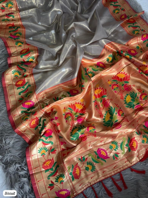 PAITHANI_HOUSE212 "Premium Lotus Tissue Silk Organza Saree with Meena & Lotus Border � Party Wear Saree" - BISCUTT