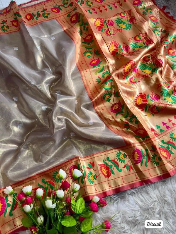 PAITHANI_HOUSE212 "Premium Lotus Tissue Silk Organza Saree with Meena & Lotus Border � Party Wear Saree" - BISCUTT