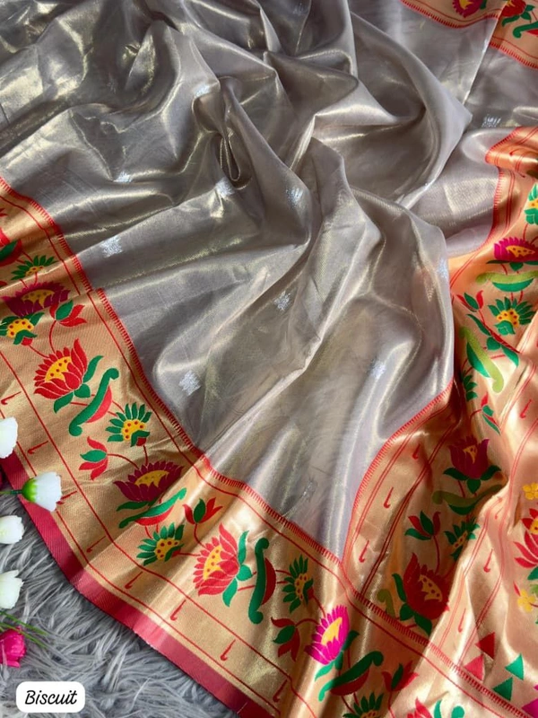 PAITHANI_HOUSE212 "Premium Lotus Tissue Silk Organza Saree with Meena & Lotus Border � Party Wear Saree" - BISCUTT