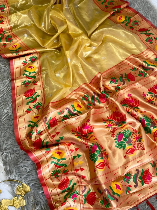 PAITHANI_HOUSE214 "Premium Lotus Tissue Silk Organza Saree with Meena & Lotus Border � Party Wear Saree" - MANGO