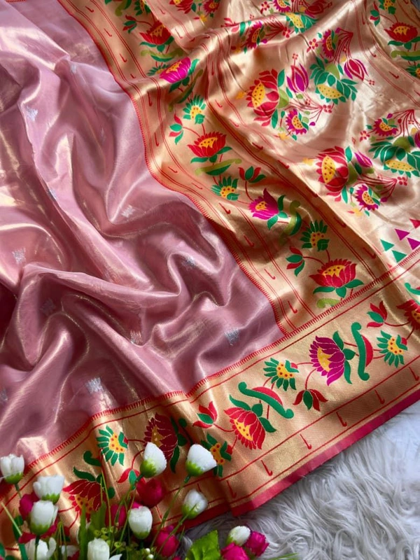PAITHANI_HOUSE215 "Premium Lotus Tissue Silk Organza Saree with Meena & Lotus Border � Party Wear Saree" - BABY PINK