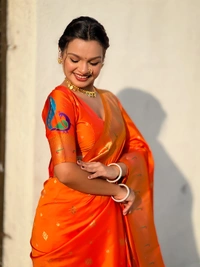 Premium Paithani Silk with Contrast Rich Meenakari Peacock Pallu - FREE, ORANGE